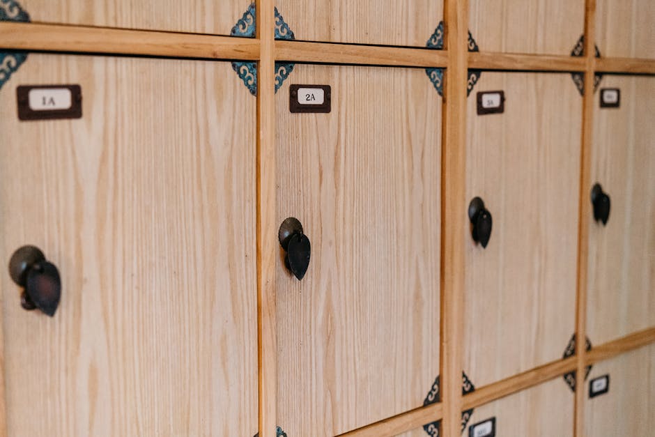 Stylish wooden lockers featuring heart-shaped handles, perfect for modern interior design.